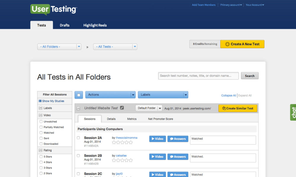 A screenshot of 'user testing.com' with a list of testing sessions